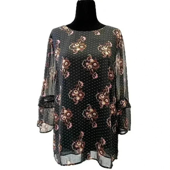 DR2 Blouse Sheer Ruffle Sleeve Bohemian Dark Floral Flowy Black Brown Small - Picture 1 of 12